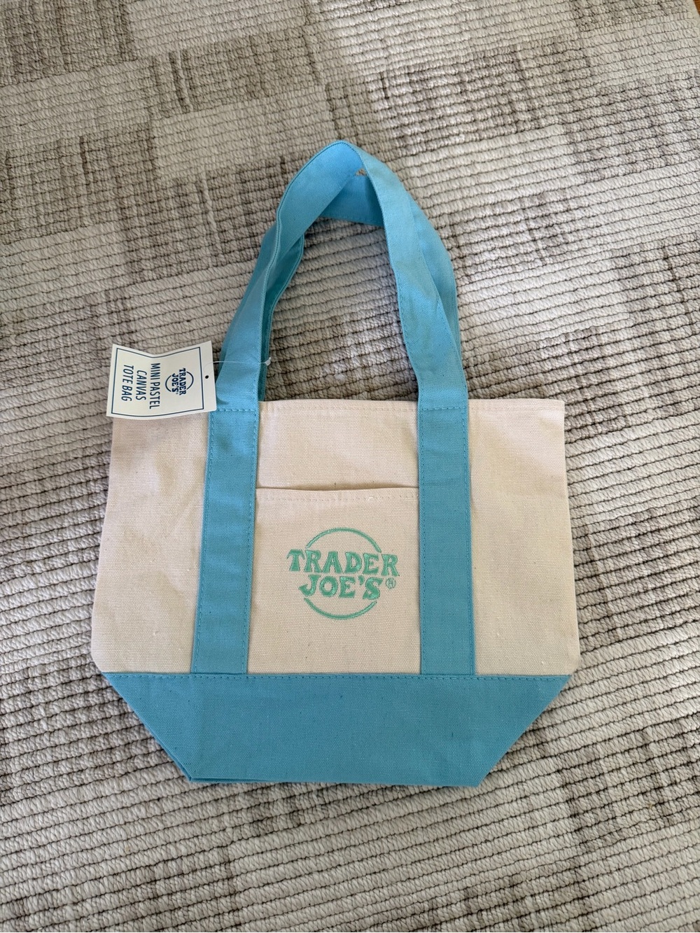 Trader Joe's Cream and Light Blue Canvas Tote